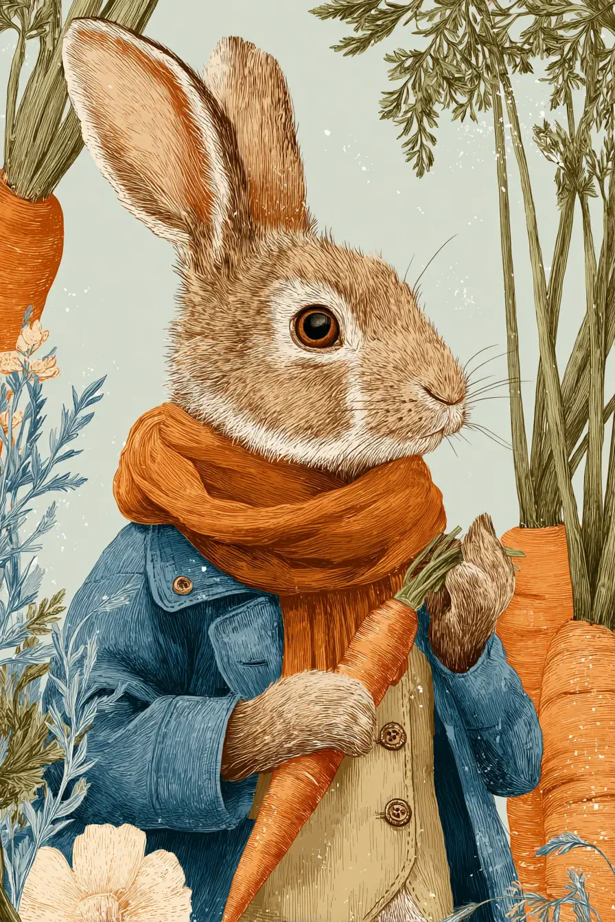 Rabbit In Blue Jacket Holding Carrot In Garden