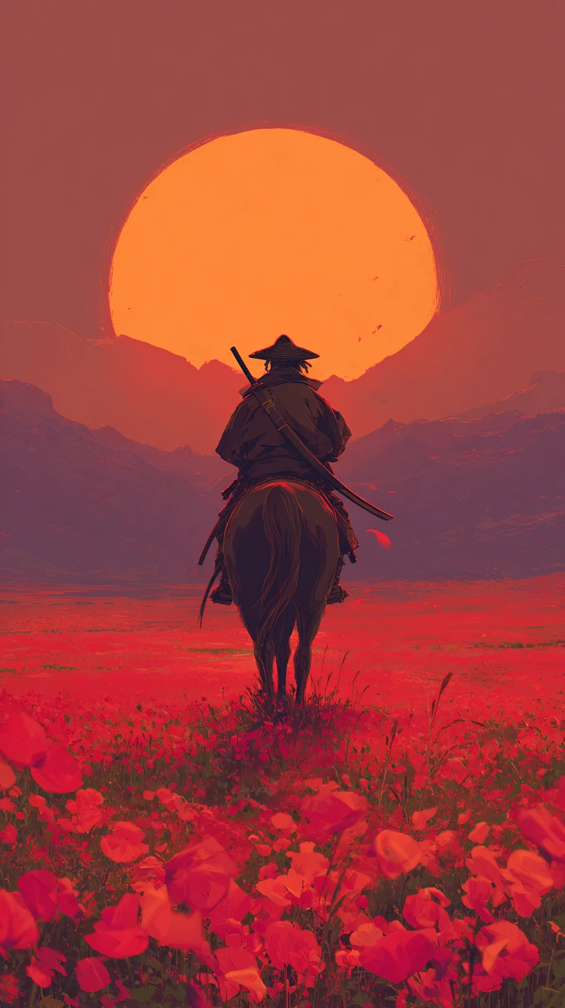 Samurai reitet durch ein karmesinrotes Mohnfeld bei Sonnenuntergang