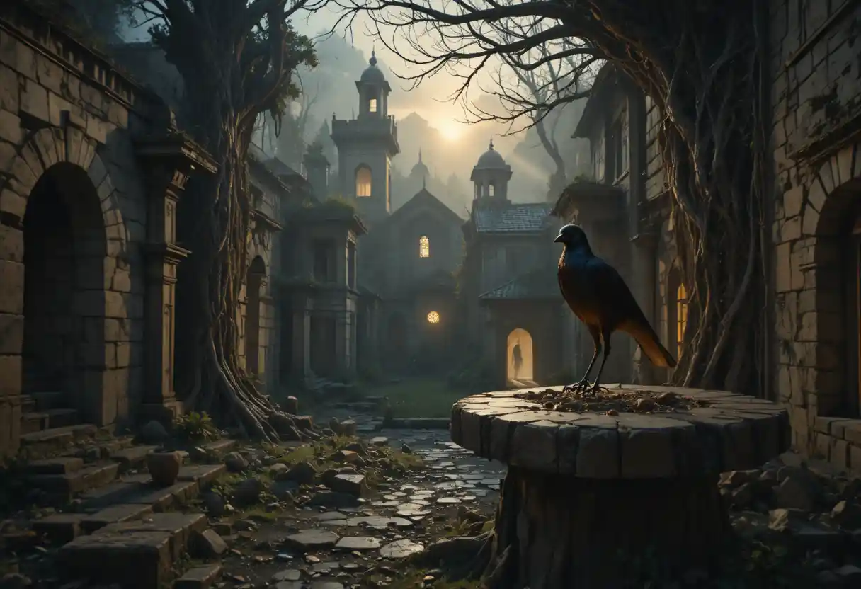 Black bird on pedestal in ruined village at sunset