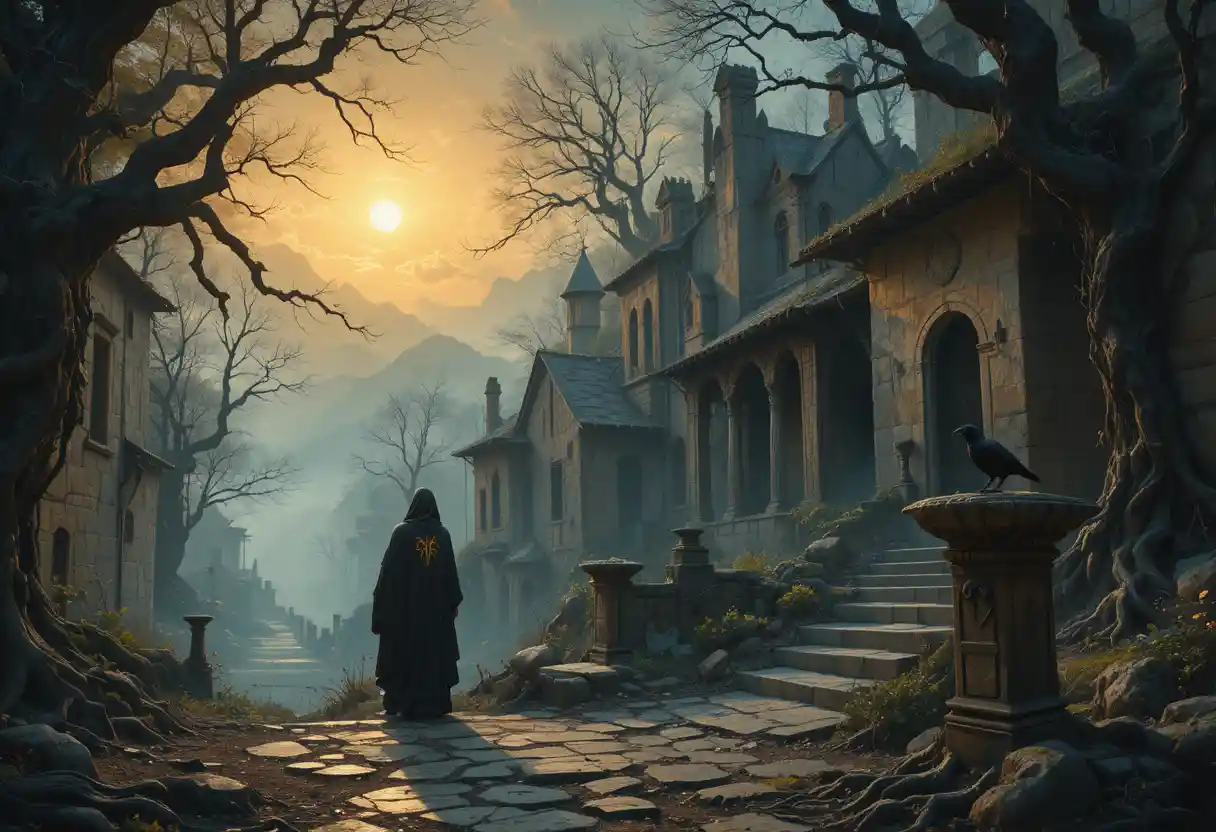 Mystical woman at the edge of a ruined medieval village