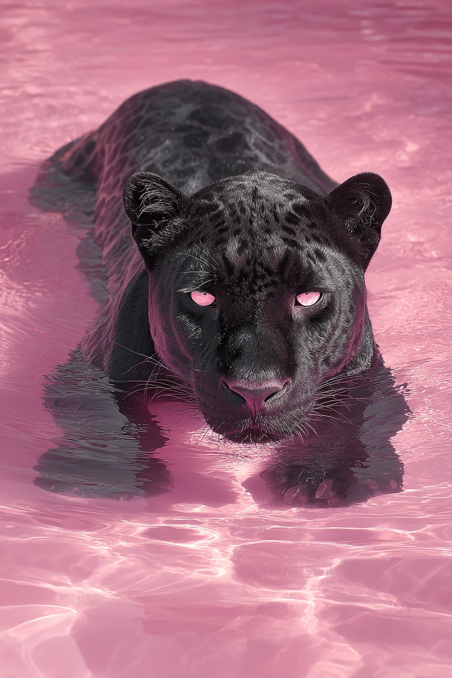 Leopard mit pink leuchtenden Augen, der aus surrealem pinkem Wasser auftaucht