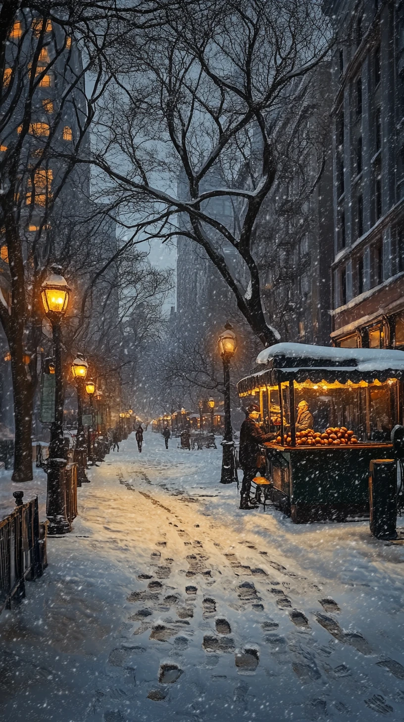 Quiet snowy city intersection under warm streetlights