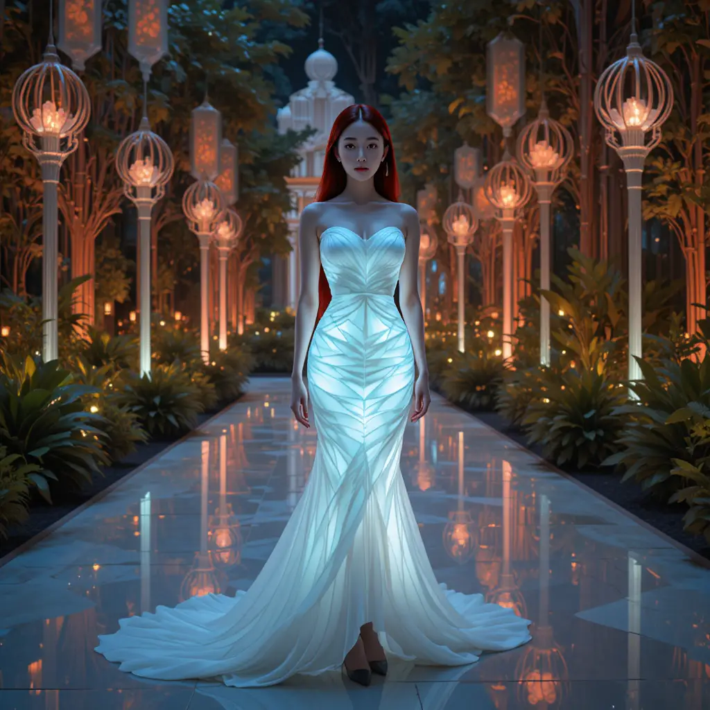 Femme coréenne en robe cage de verre dans un jardin de lumière éclatant