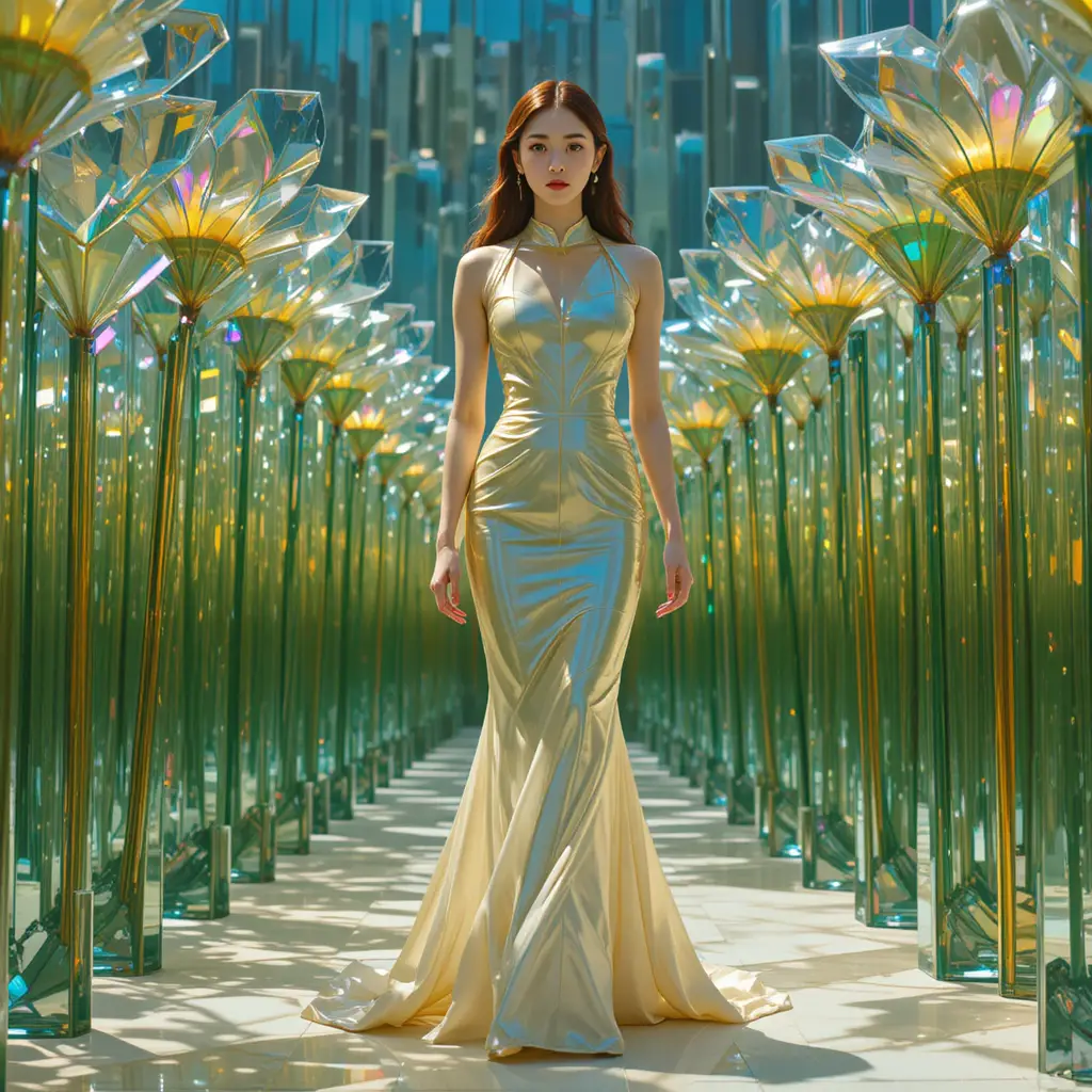 Korean woman in ivory gown among crystal prisms