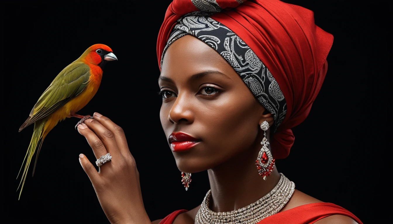 Mujer serena con pañuelo rojo sosteniendo un pájaro rojo brillante