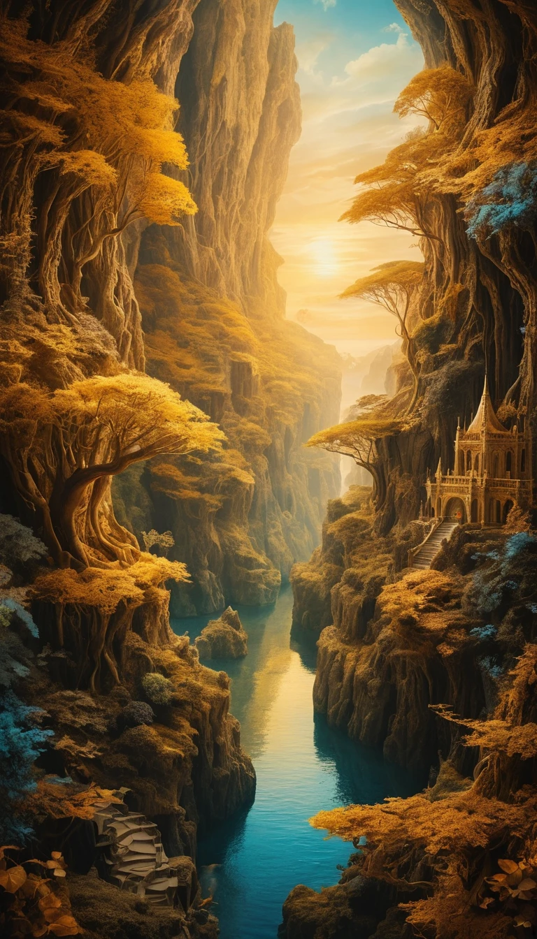 Surrealer Traumraum aus goldenem Licht und Illusion
