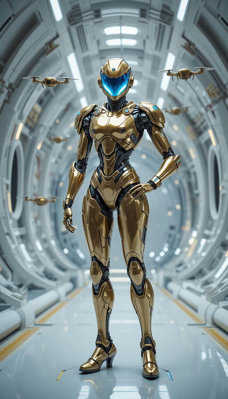 Futuristischer humanoider Roboter in goldener Rüstung mit blauem Visier
