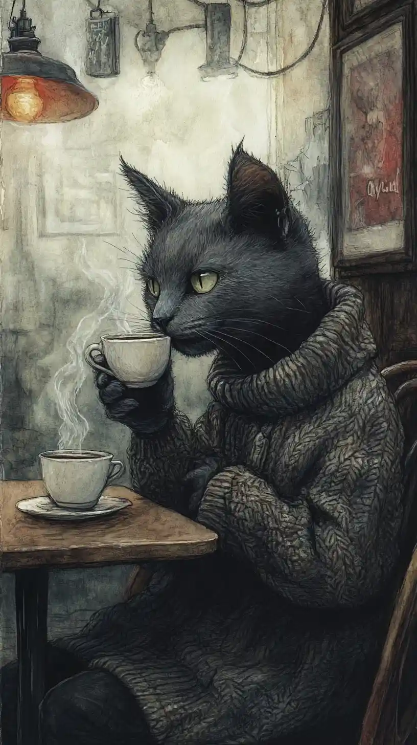 Graue Katze im Pullover trinkt Kaffee am Cafétisch