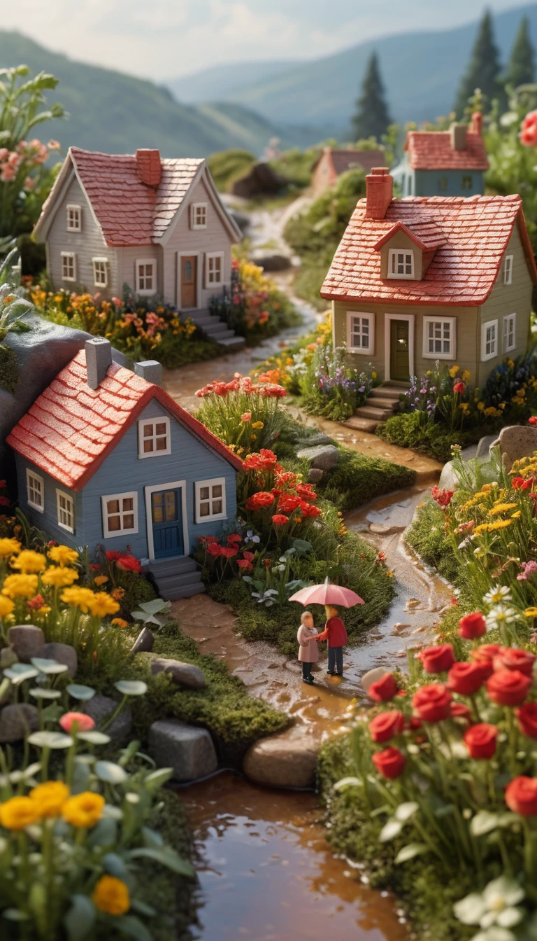 Miniature people sheltering under a giant wildflower bouquet