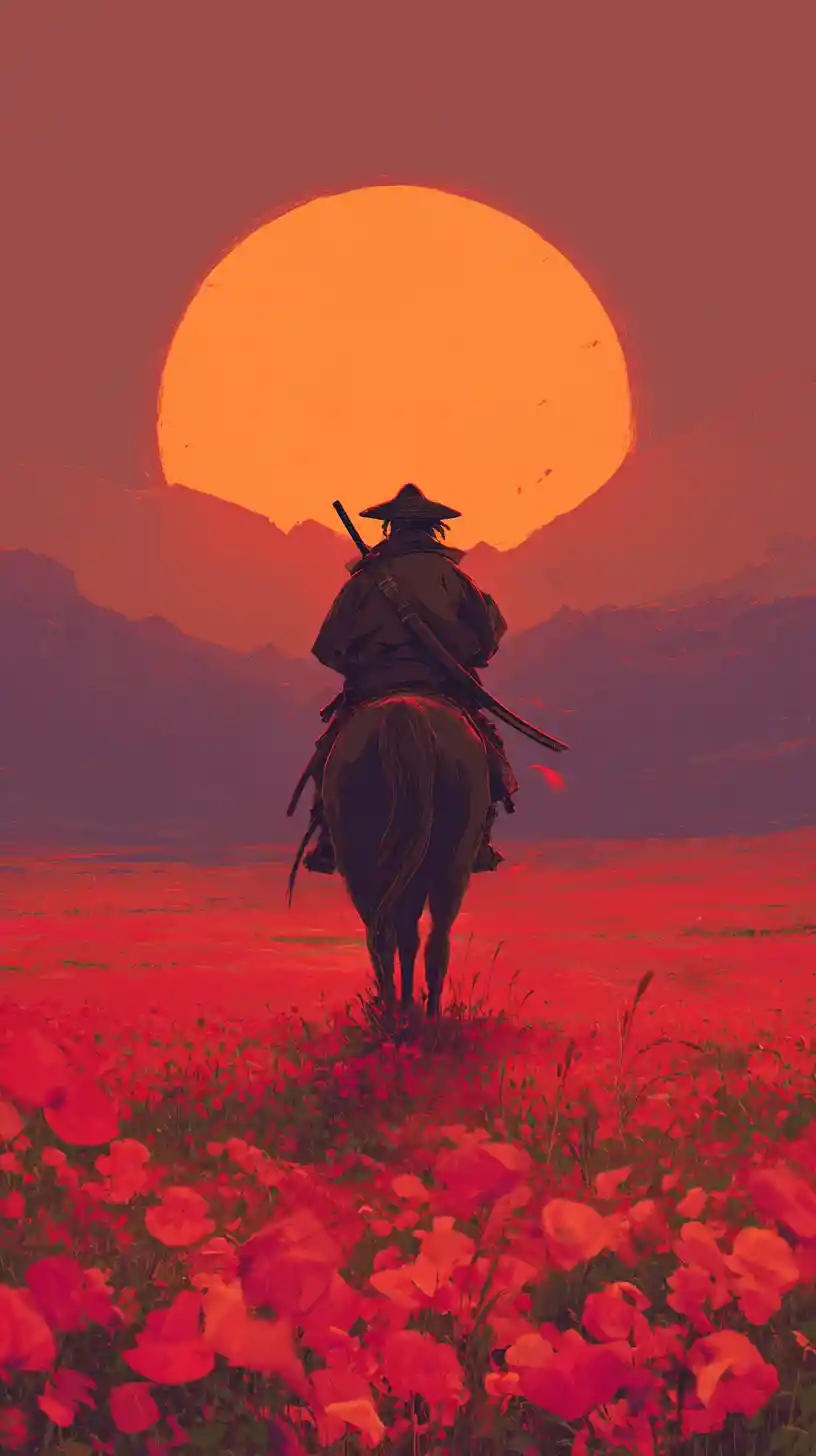 Samurai reitet durch ein karmesinrotes Mohnfeld bei Sonnenuntergang