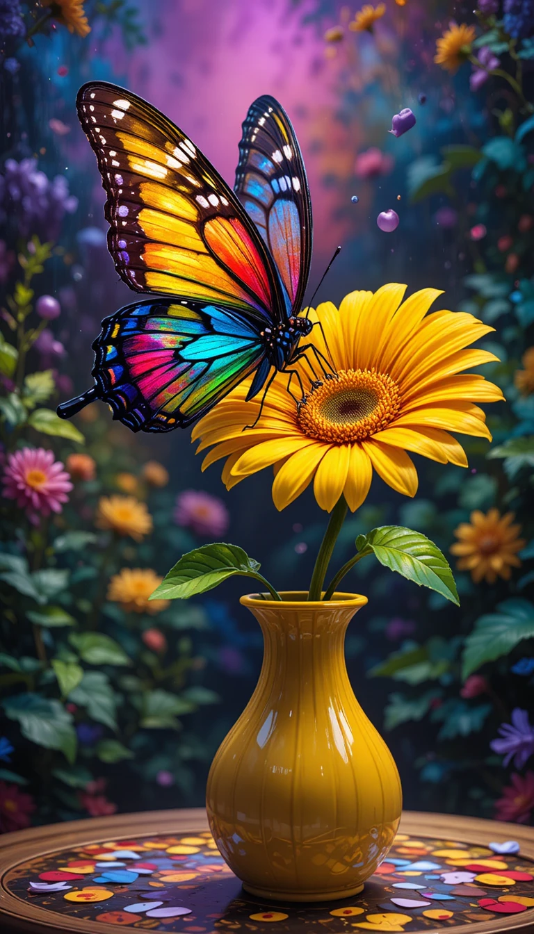 Farfalla arcobaleno su gerbera gialla in stile cartone animato