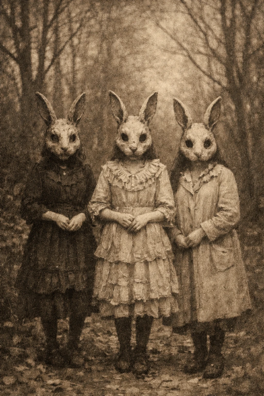 Tres figuras enmascaradas con vestidos vintage en un bosque