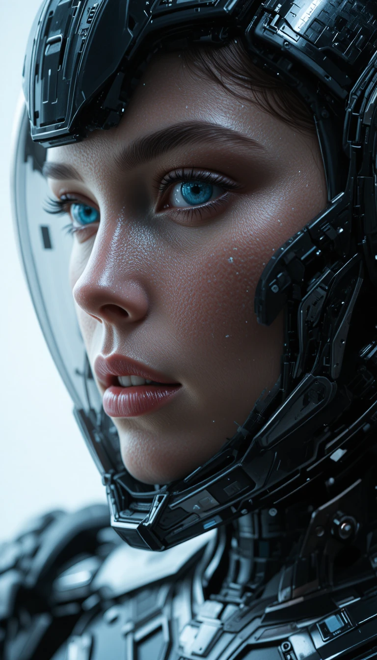 Futuristic woman in black armor helmet close up portrait