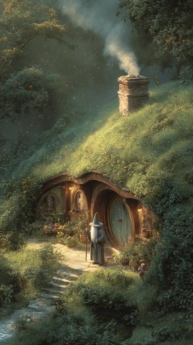 Hobbit home on a green hill at tranquil twilight