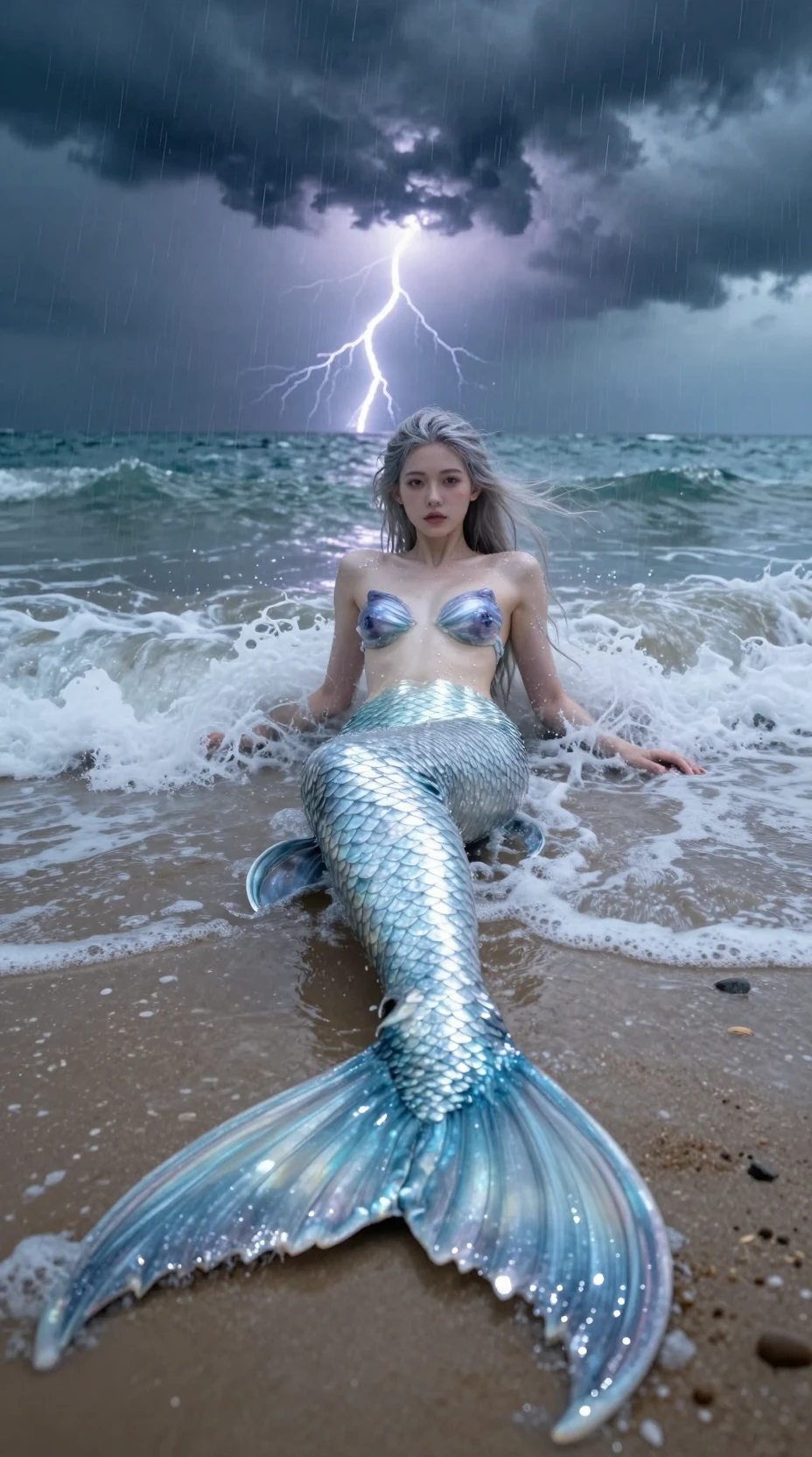 Sirenetta distesa su una spiaggia tempestosa rivolta verso la fotocamera