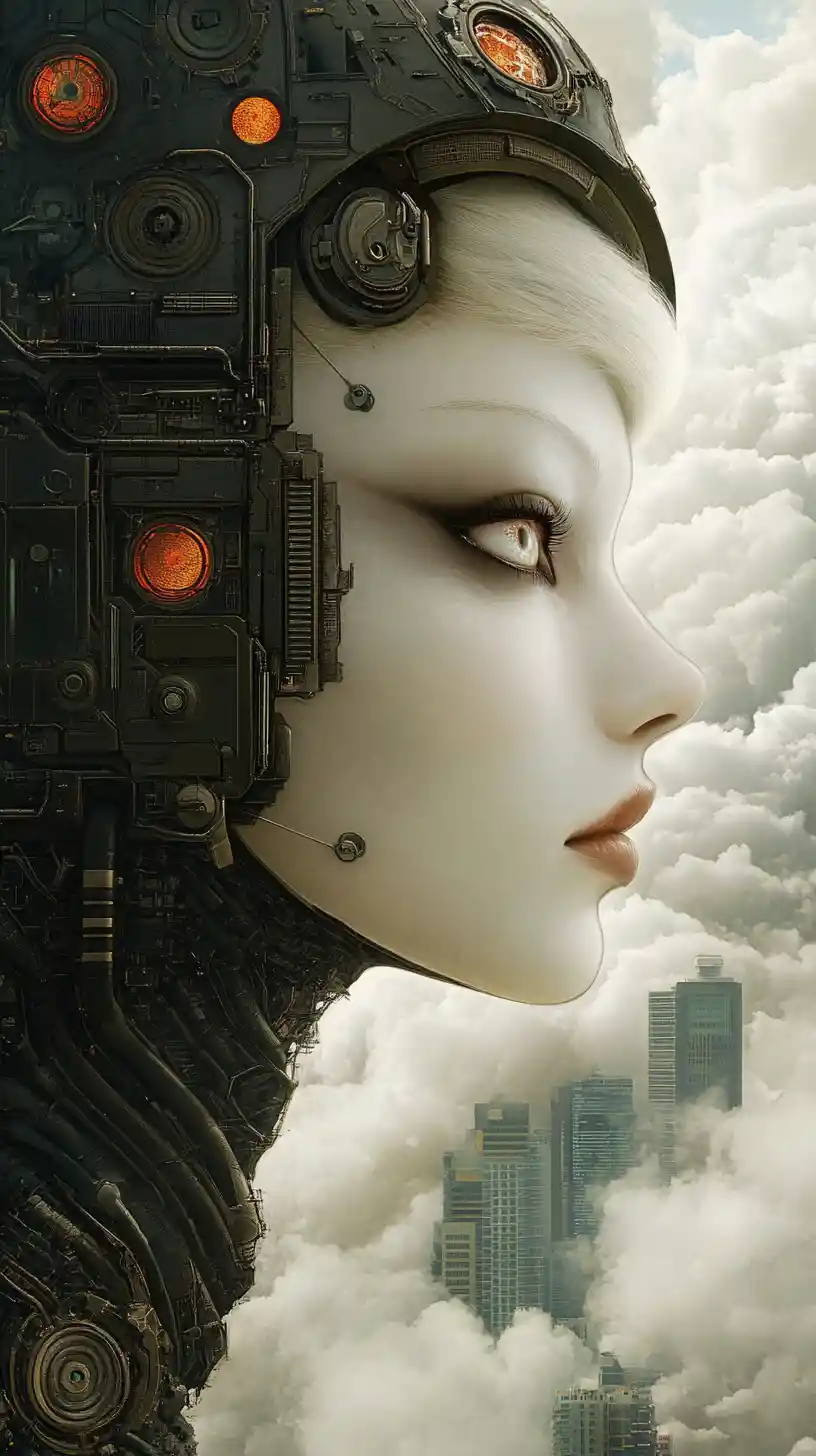 Mujer andrógina en un paisaje urbano distópico y surrealista