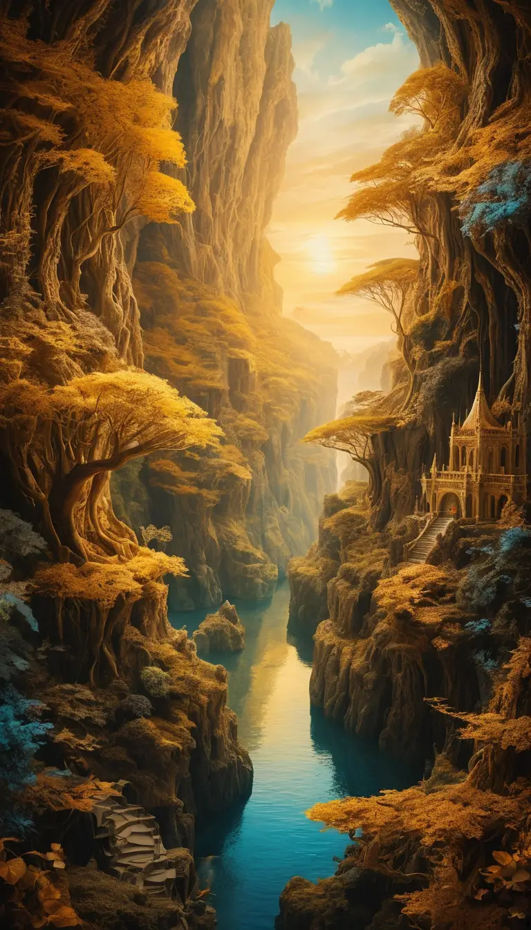 Surreal dreamscape woven with golden light and illusion