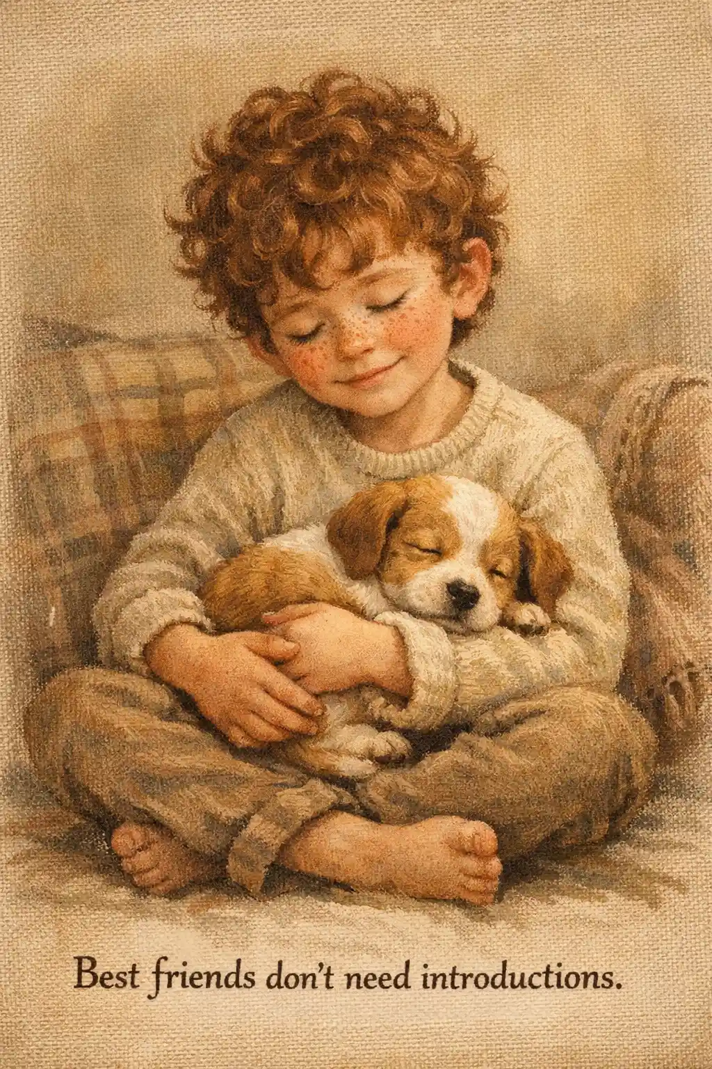 Ragazzino che coccola un cucciolo assonnato in un'illustrazione accogliente