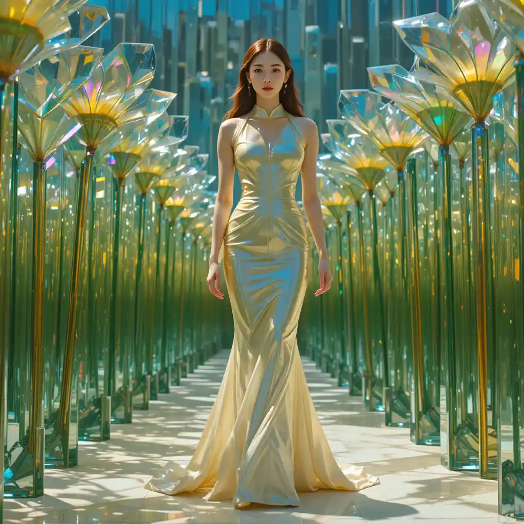 Korean woman in ivory gown among crystal prisms