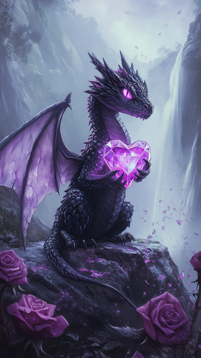 Kleiner Fantasydrache mit leuchtendem Kristallherz