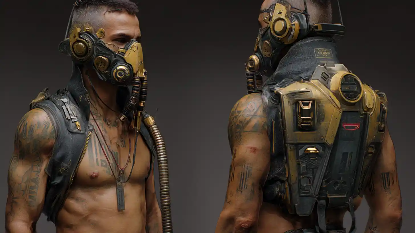 Verwitterter Cyberpunk-Cyborg mit mechanischem Torso und Maske