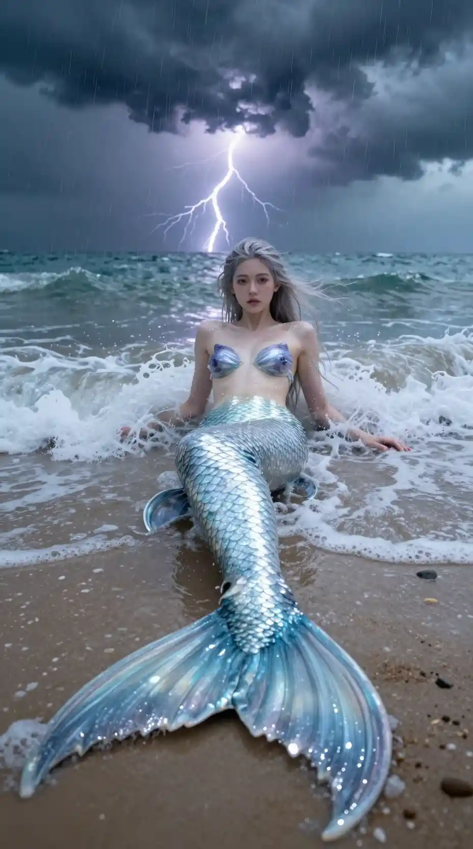 Sirenetta distesa su una spiaggia tempestosa rivolta verso la fotocamera