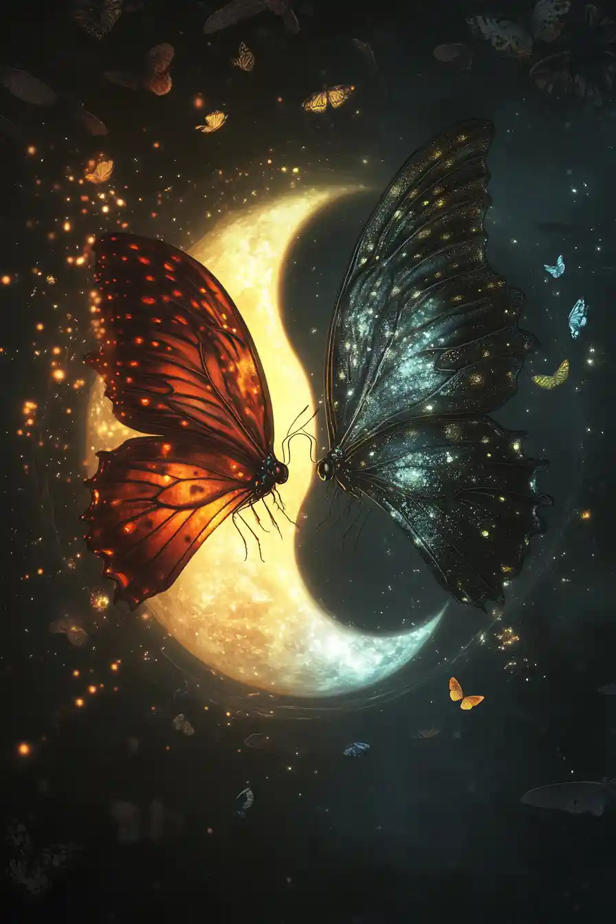 Yin yang butterflies glowing in a magical circular composition