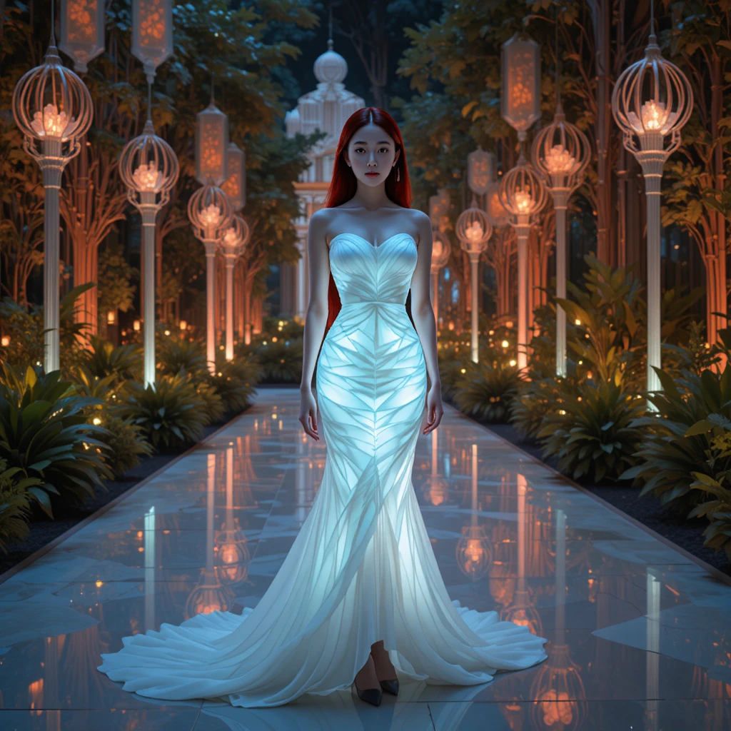 Mujer coreana con vestido jaula de vidrio en un jardín de luz resplandeciente