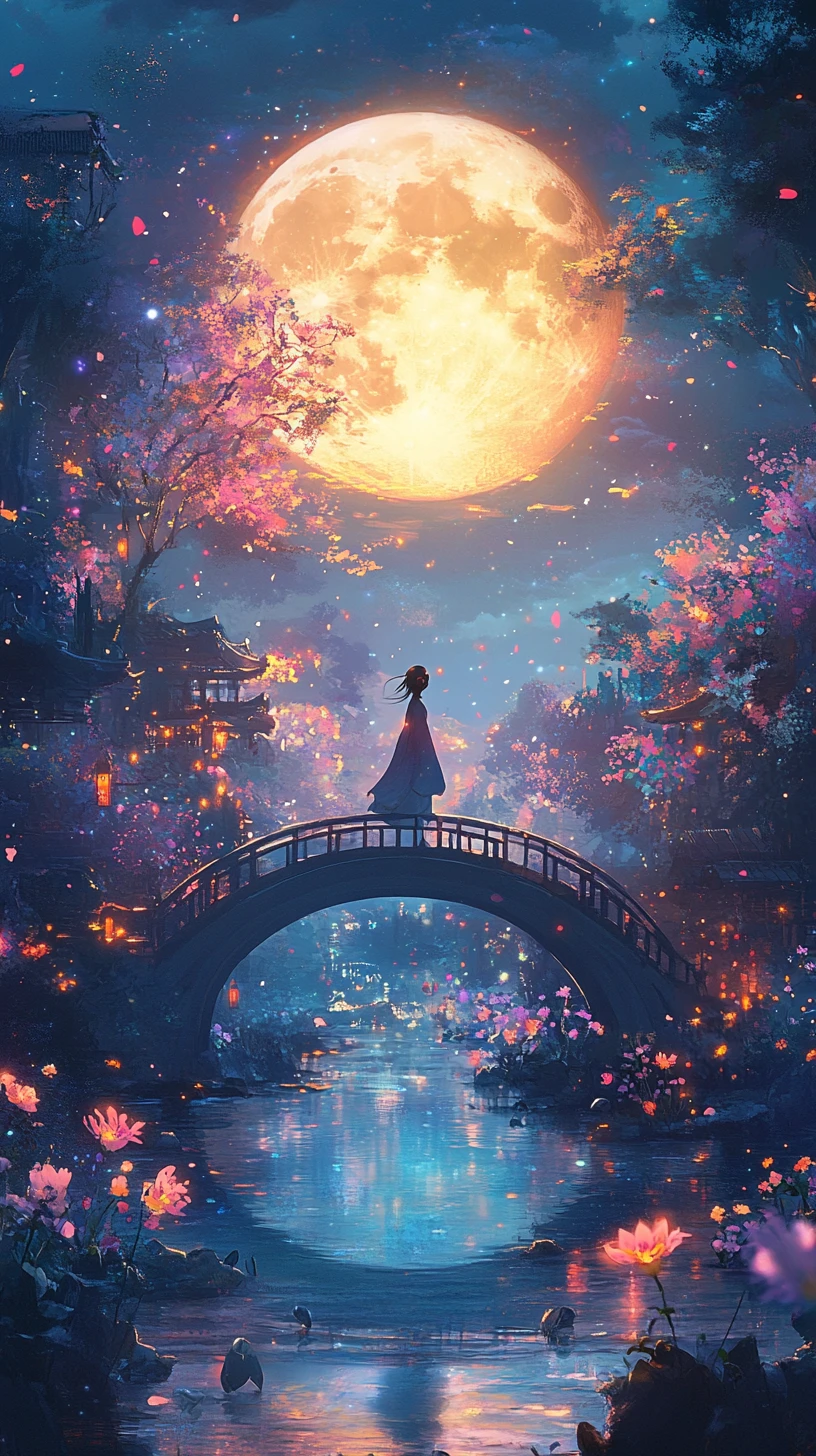 Donna in hanbok che attraversa un ponte illuminato dalla luna di notte