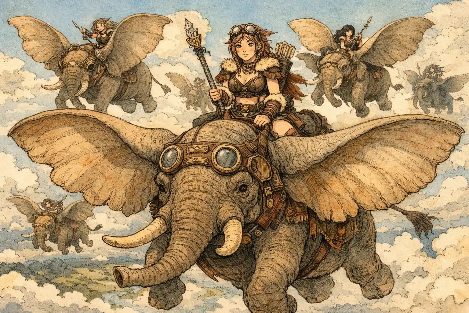 Steampunk warrior girl riding a flying african elephant