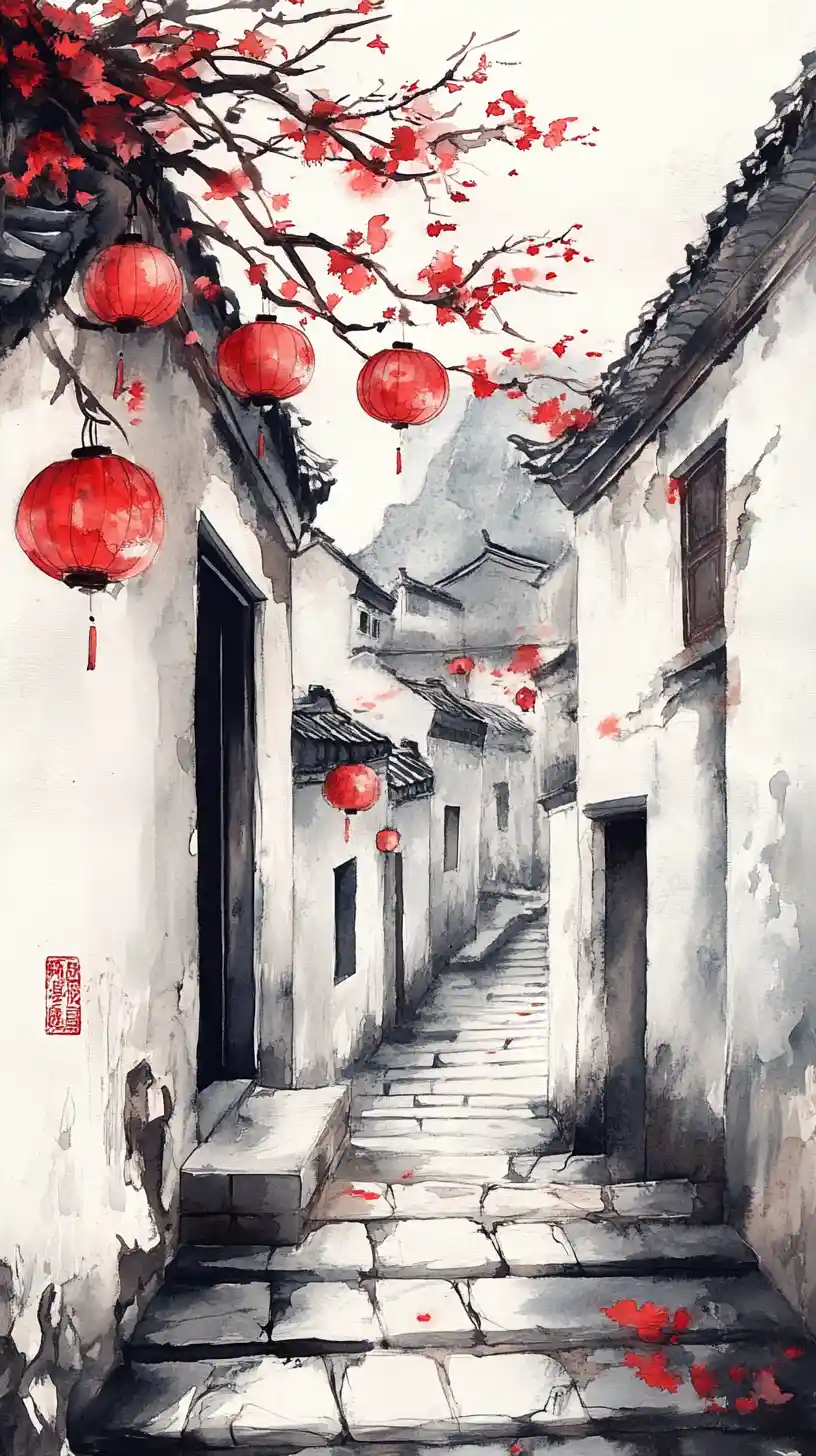Alte chinesische Gasse mit roten Laternen im Aquarellstil