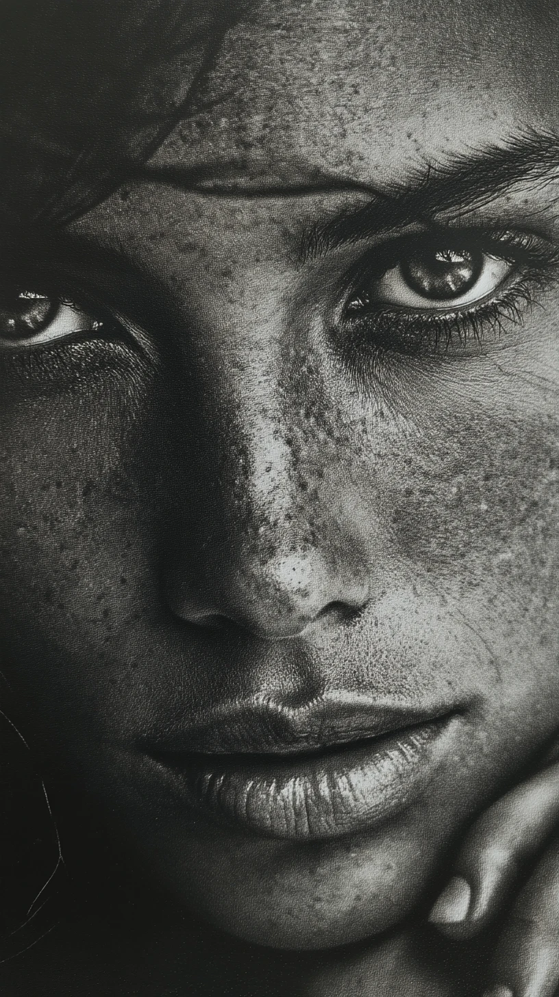 Close up portrait of a freckled woman with soft charcoal shading