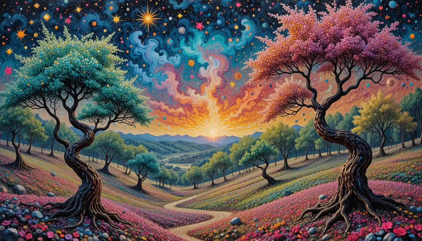 Surreal pointillist landscape with melting trees and faces