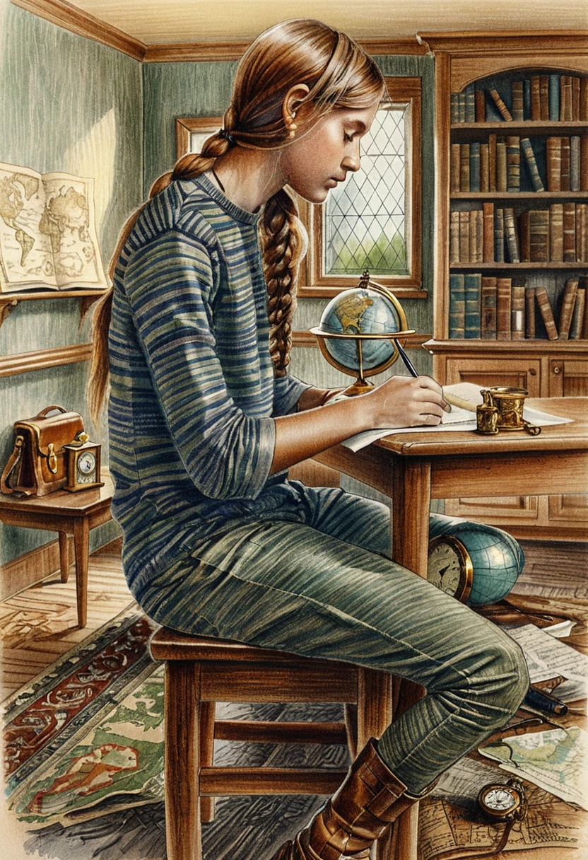 Focused student writing at a wooden desk in warm study