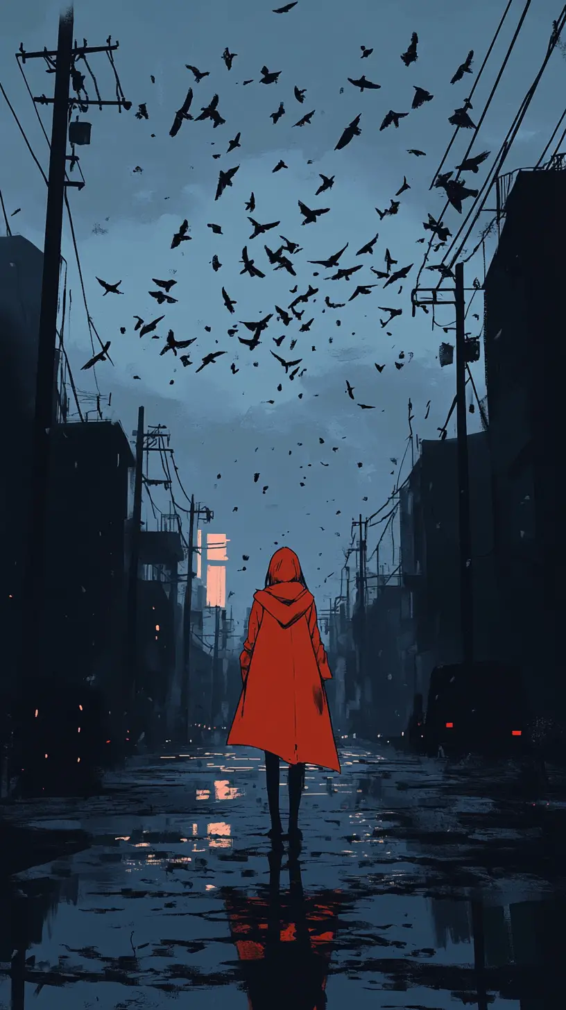 Anime woman in red coat on rainy city street