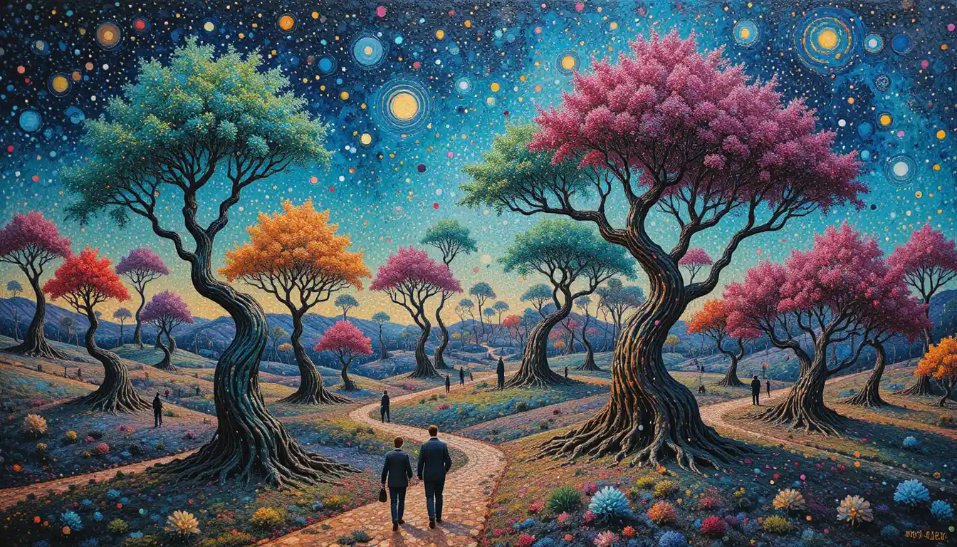 Surreal pointillist dreamscape with twisted emerald and fuchsia trees