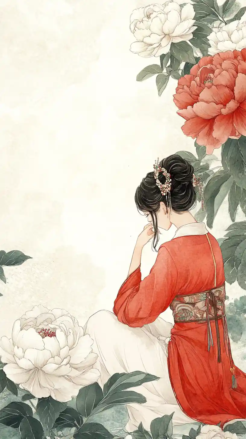 Junges Mädchen im roten Hanfu zwischen Aquarell-Pfingstrosen