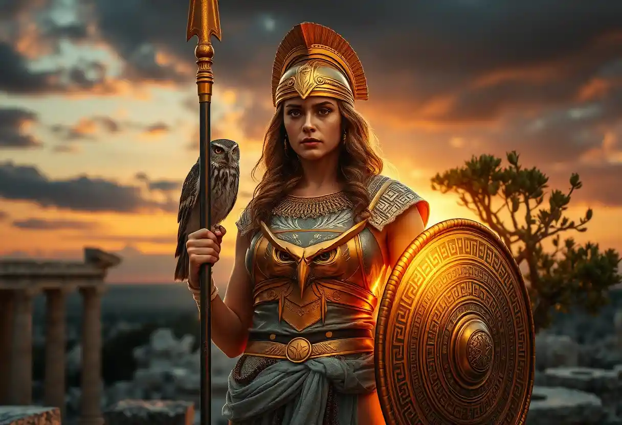 Athena standing in marble ruins under a glowing twilight sky