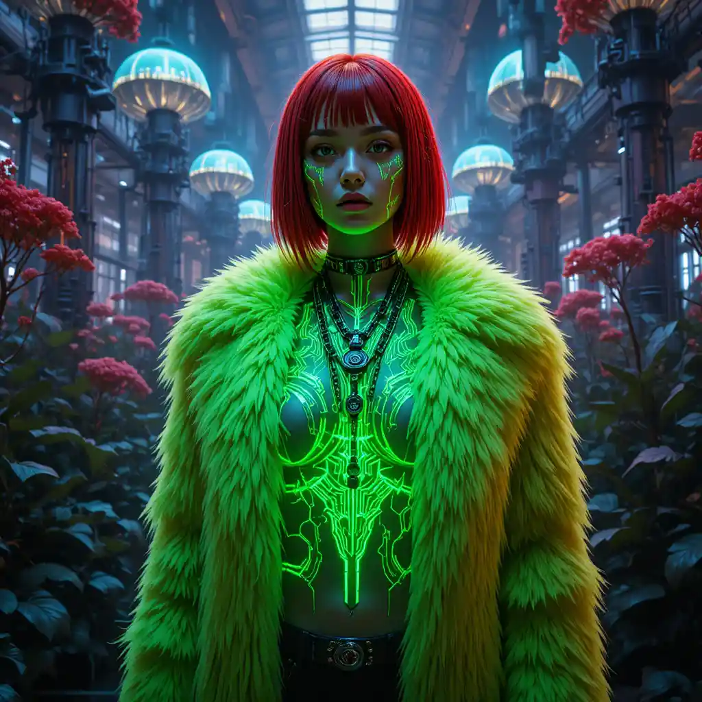 Cyberpunk-Frau im Neonpelzmantel im Reaktor-Gewächshaus