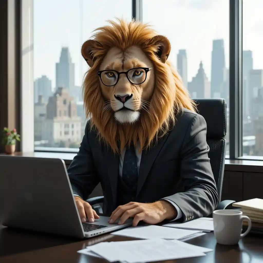 Realistic lion office worker typing at a modern desk