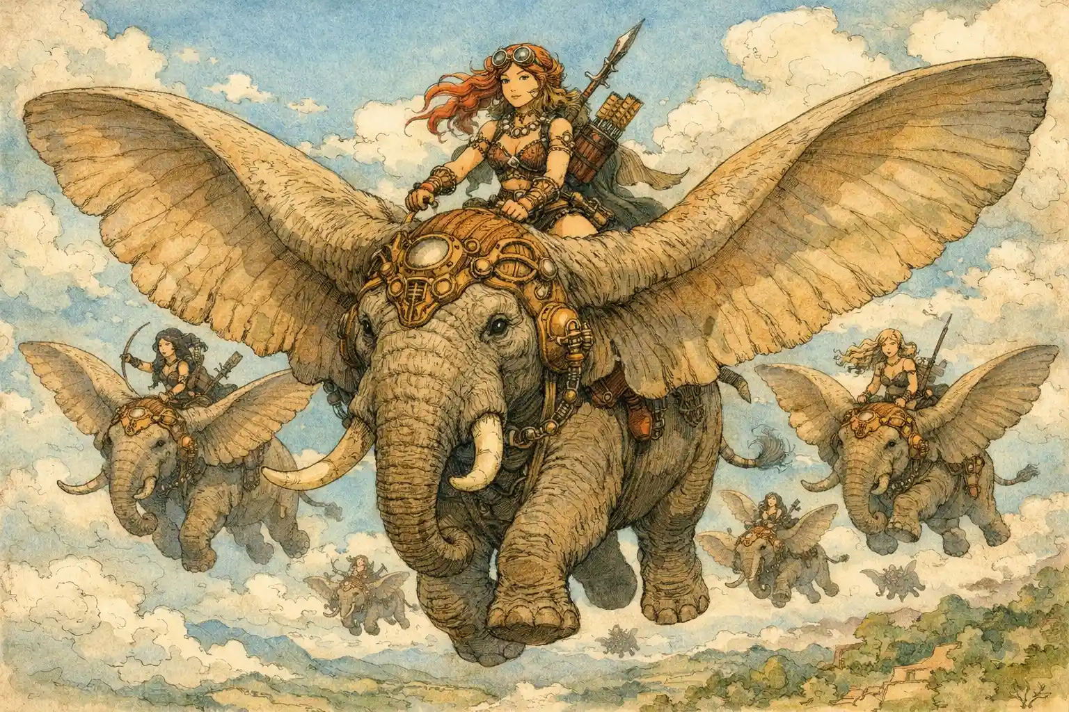 Steampunk barbarian girl riding a flying african elephant
