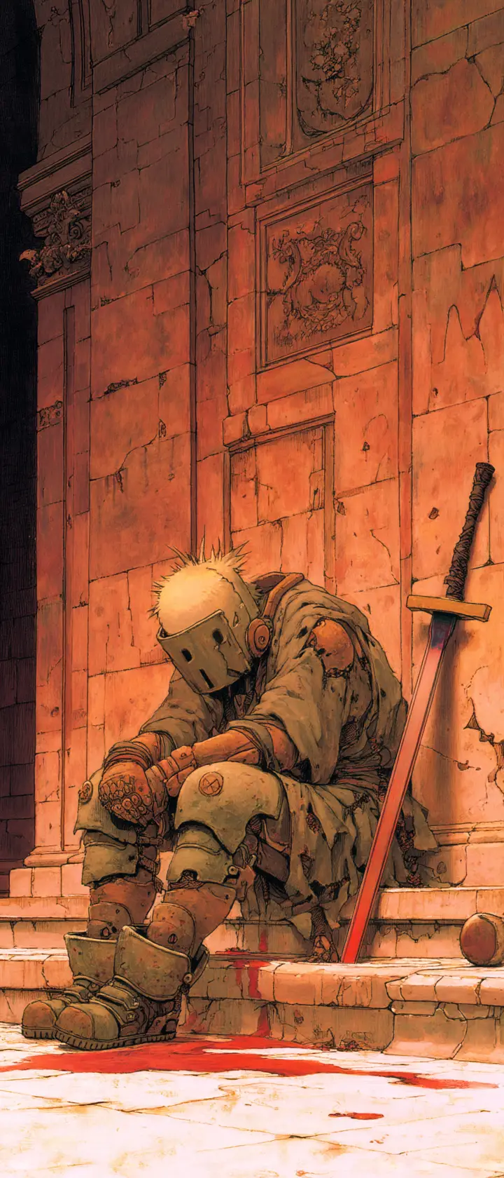 Defeated anime warrior resting by a shattered throne