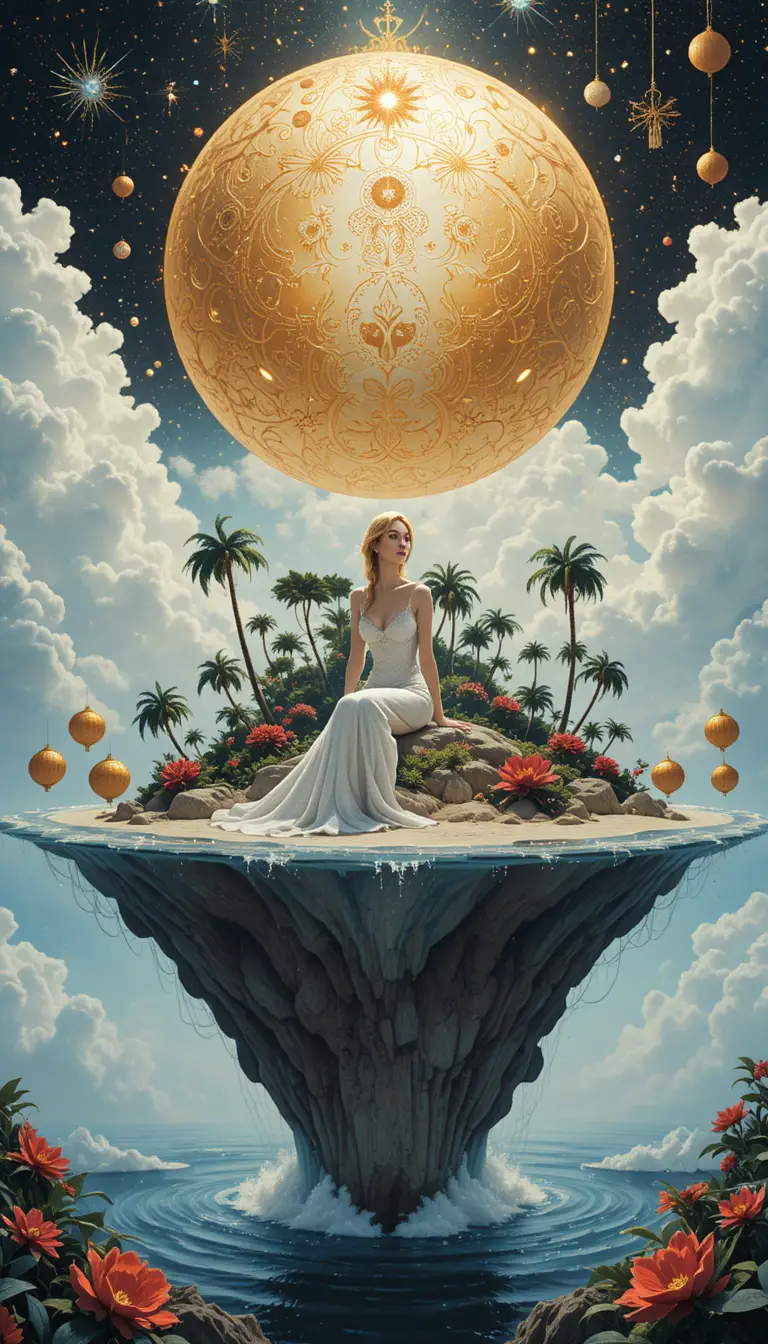Beautiful girl resting on a small fantasy dream island