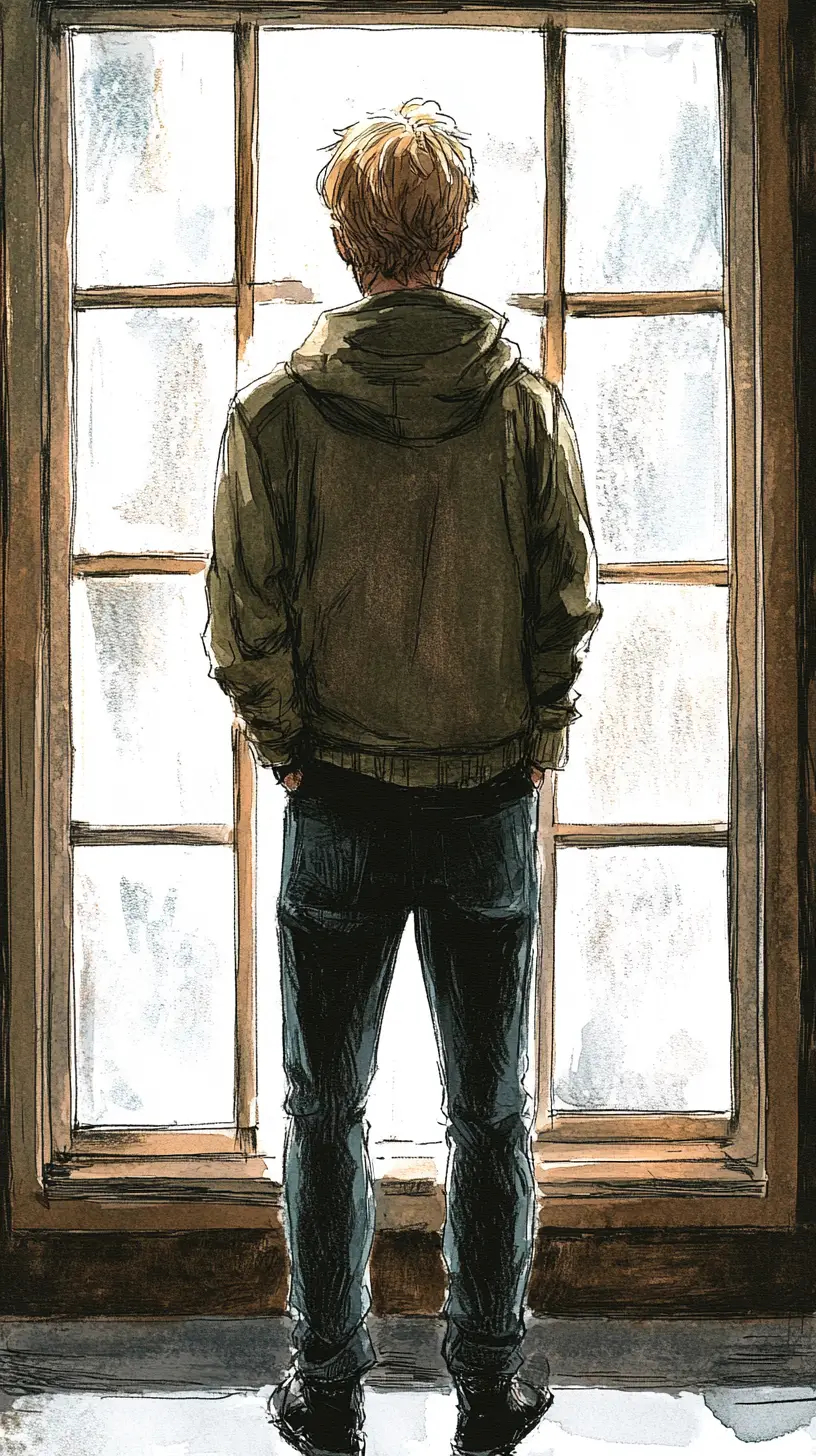 Woman standing by large window in colored pencil style