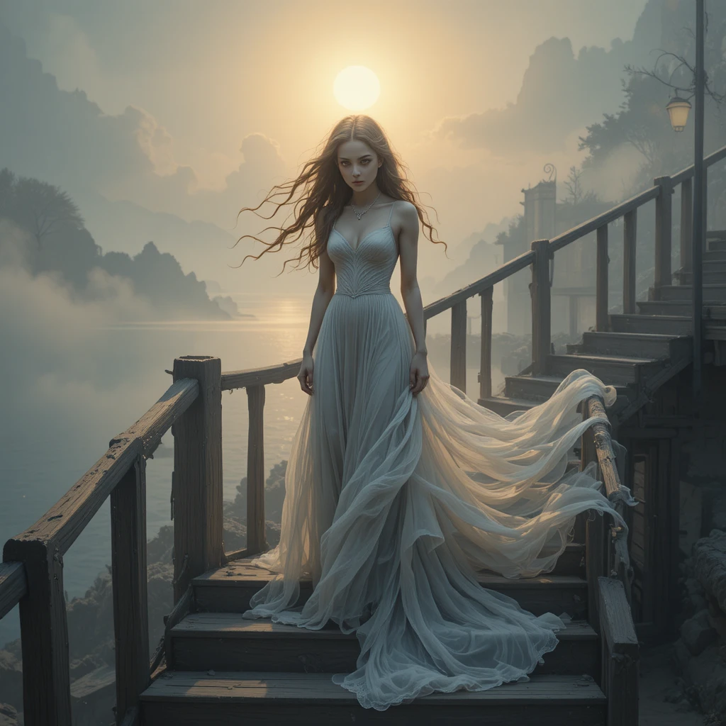 Mysterious woman on worn staircase by a tranquil golden lake