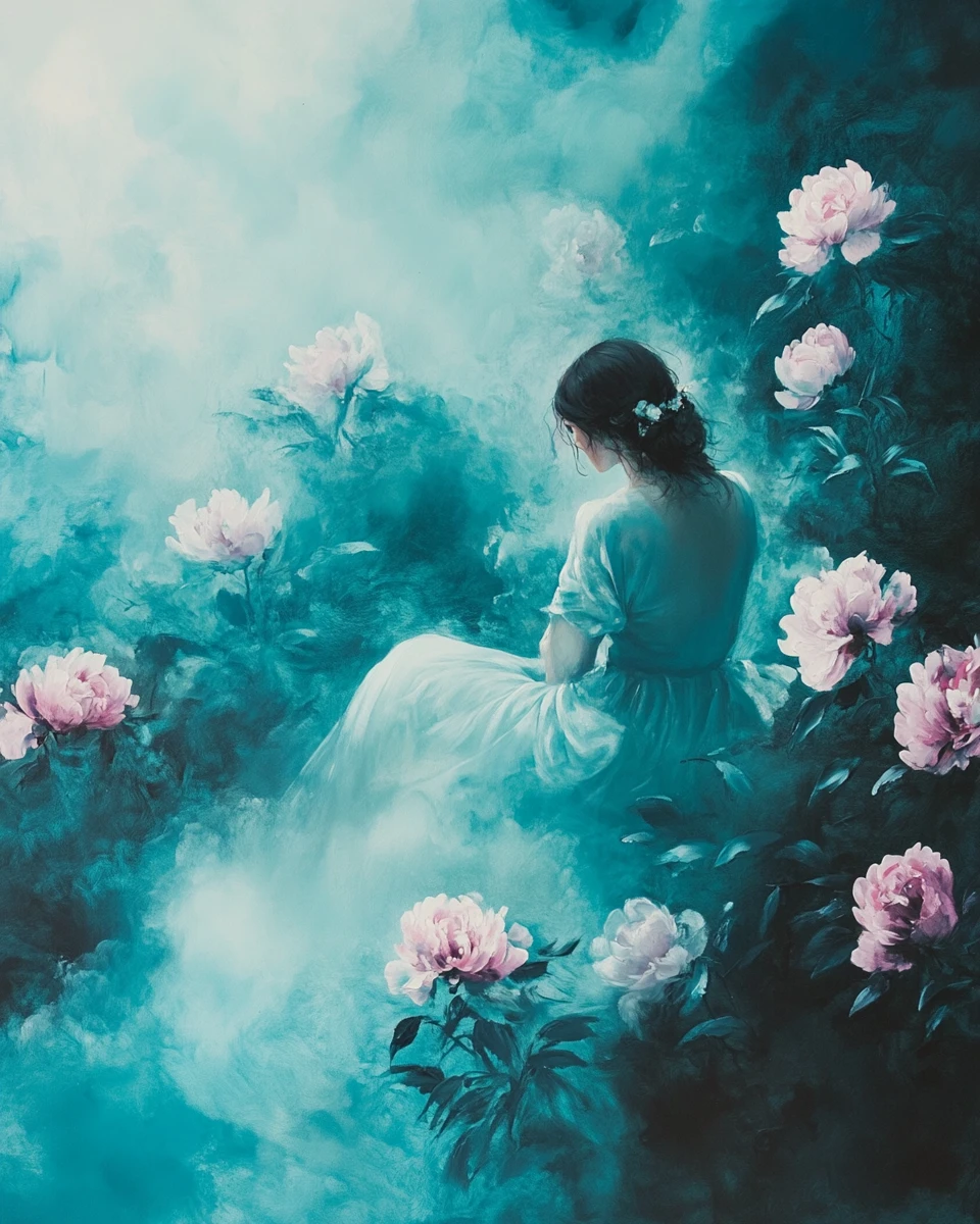 Mulher entre peônias floridas em um jardim surreal e enevoado