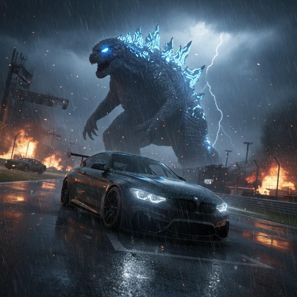 Godzilla Looms Over Racetrack Beside Sleek GT Race Car