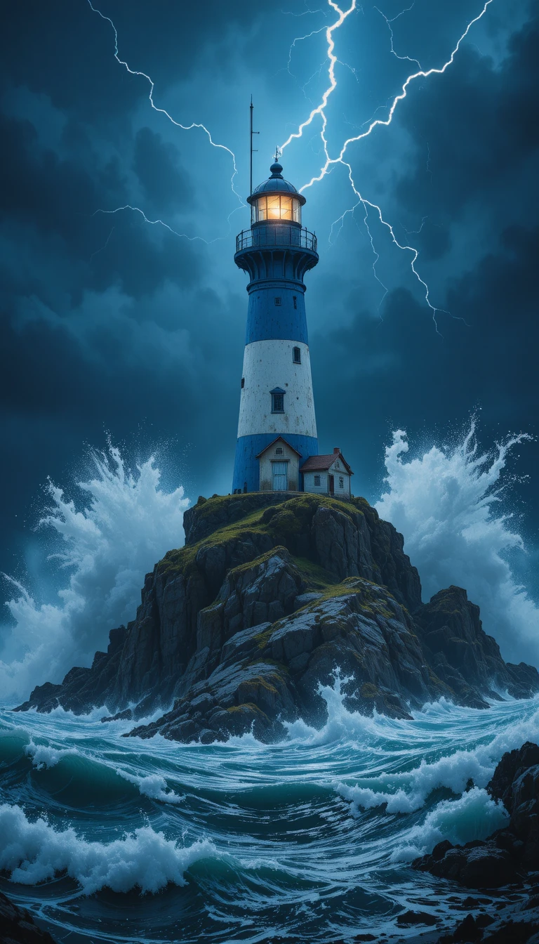 Faro bianco e blu in mare in tempesta di notte