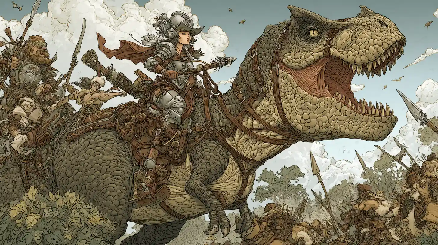 Steampunk warrior girl riding a tyrannosaurus into battle