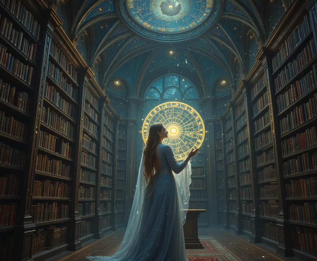 Ethereal librarian studying a glowing celestial star map